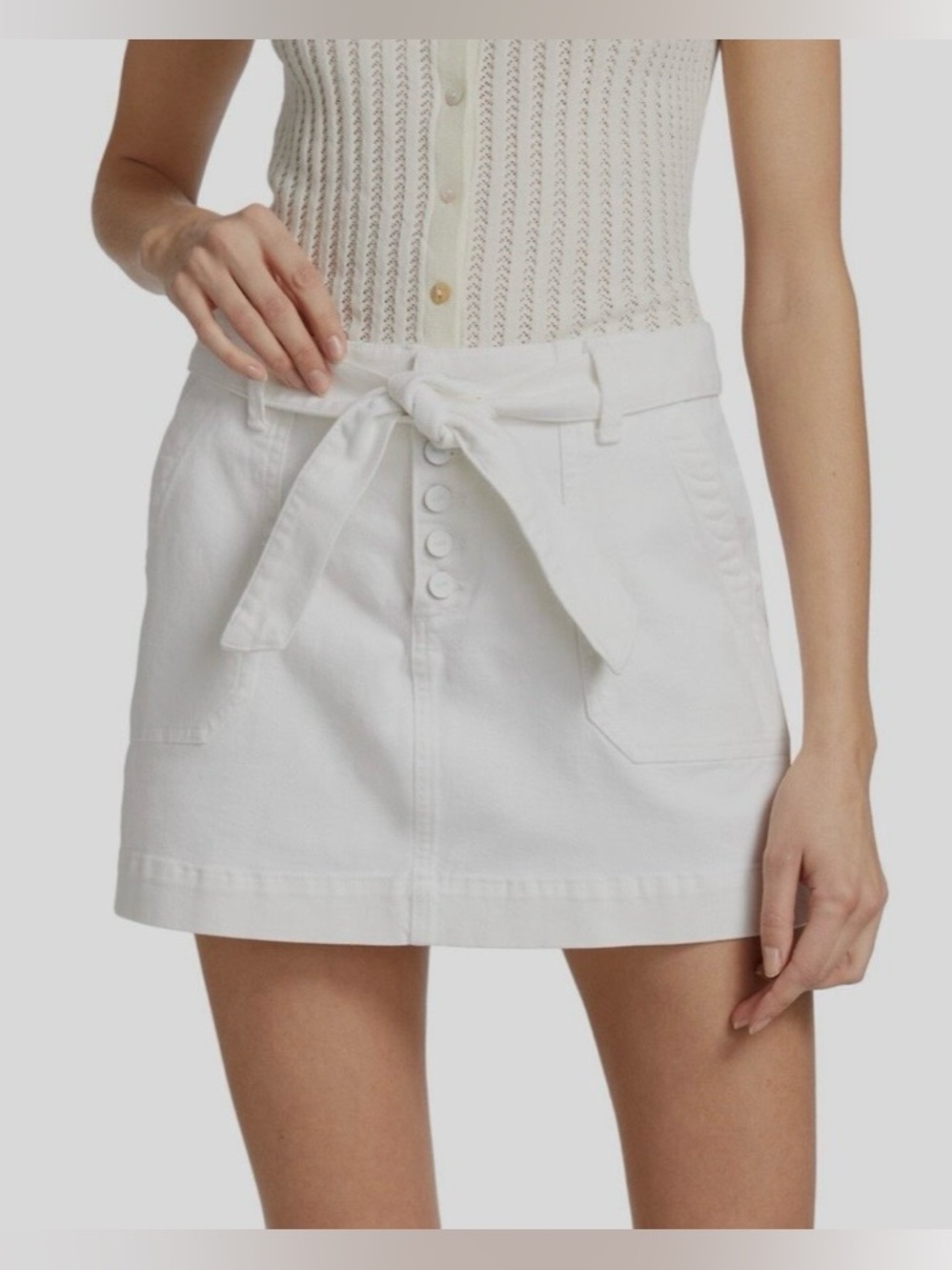 PAIGE White Tie-Front Denim Mini Skirt